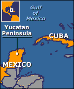 Map showing Cuba and Yucatan peninsula