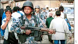 A Nepalese soldier on patrol in Kathmandu