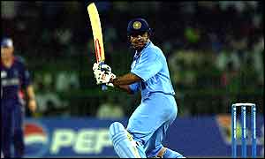 Virender Sehwag swaggers to a century before being caught and bowled by Ian Blackwell for 126 