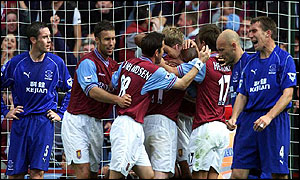 Everton in despair as Villa players celebrate