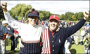 Rosie Jones (left) and Meg Mallon celebrate the United States' victory