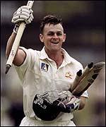 Adam Gilchrist celebrates victory in Hobart