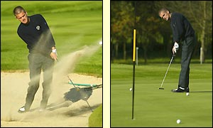 Europe's Swedish player Jesper Parnevik tests out the course