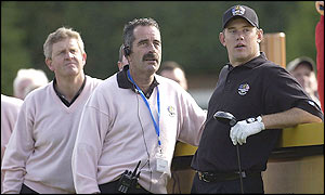 Europe's Colin Montgomerie, captain Sam Torrance and Lee Westwood at the Belfry