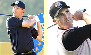Ireland's Padraig Harrington and Phillip Price get into the swing of things 