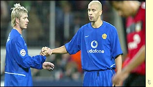 David Beckham and Rio Ferdinand celebrate Manchester United's first win in Germany for over 30 years