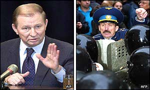 Leonid Kuchma and one of the protesters, an army colonel