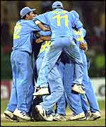 The Indian team mob Virender Sehwag