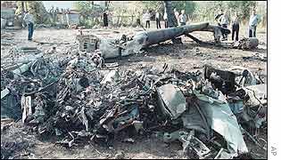 Wreckage of the Russian Mi-24 military helicopter shot down in the battle