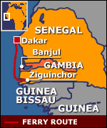 Map showing the route of the ferry