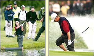 More scenes reminiscent to Jean van de Velde at The Open as David Toms hits a shot out of the water on the eighth