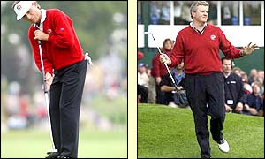 Colin Montgomerie (right) can't understand it as he and Bernhard Langer's lead is cut and Phil Mickelson and David Tom level the match