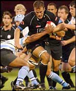 Neath skipper Gareth Llewellyn charges at Ebbw Vale's defence