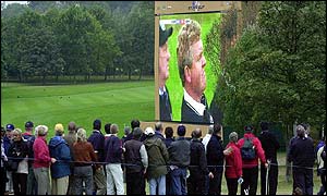 Colin Montgomerie on the TV screen at The Belfry