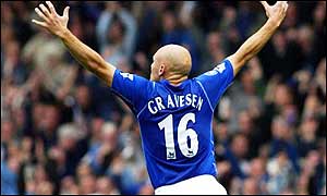Toffees midfielder Thomas Gravesen celebrates his 25 yard winner in front of the home fans at Goodison Park