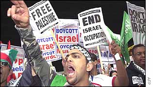 Some of the protesters wore Palestinian flags 