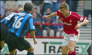 Eugen Bopp playing for Forest against Rotherham