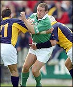 Ireland wing Denis Hickie scored his 15th try for Ireland. two behind Brendan Mullin's record, 