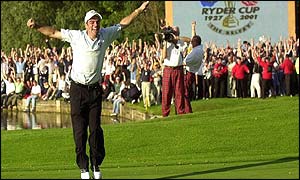 Paul McGinley jumps for joy after securing the Cup for Europe