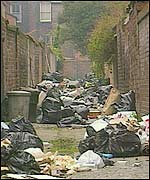 A litter-strewn street