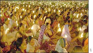 Worshippers at the Swaminarayan temple pray for those killed in the recent attack