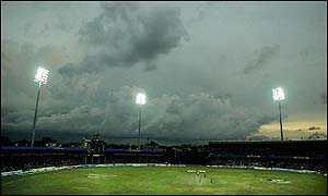 Storm clouds hover over the stadium as India prepare to start their innings