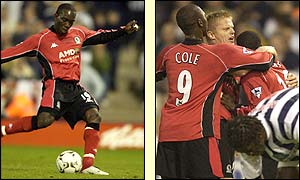 Dwight Yorke gives Blackburn the lead and is swamped by team-mates