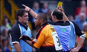 Cardiff's Peter Rogers gets his marching orders from referee David McHugh