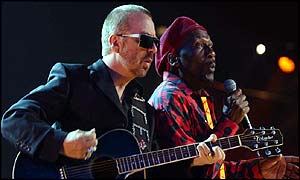 Former Eurythmic Dave Stewart performing with reggae legend Jimmy Cliff at the Mobos