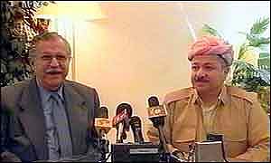 Jalal Talabani of the PUK (L) and Massoud Barzani of the KPD at a previous meeting. Photo: KurdSat TV