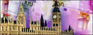 Houses of Parliament against a background of euro notes