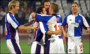Blackburn's players celebrate Thompson's opener