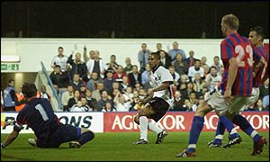 Steve Marlet scores Fulham's first goal in the 2-2 draw with hadjuk Split