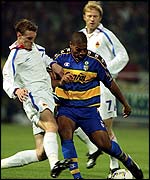 Brazilian Ribeiro Leite Adriano of Parma vies with Solomatine of Cska Moscow 