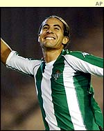 Betis Argentine palyer Gaston Casas celebrates his goal against Zimbru 