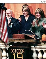 Martha Stewart rings the opening bell on the New York Stock Exchange, 19 October 2002