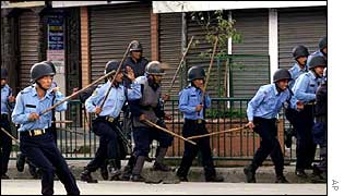 Nepalese policemen on Kathmandu street