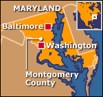 Map of Maryland, showing Mongomery County and Washington DC