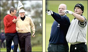 Alan Hansen and Colin Montgomerie share a joke while football's Andy Gray and cricketer Darren Gough point out where their balls have landed