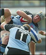 Cardiff lock Heino Senekal is upended at a lineout