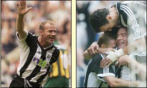 Alan Shearer scores his, and Newcastle's, second goal against West Brom by converting a header from Nolberto Solano