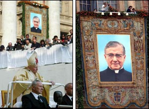 The pope arriving (l) and a tapestry showing Jose Maria Escriva (r) (photos courtesy of AP and AFP