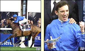 Frankie Dettori on Mairenbard wins the Prix de l'Arc de Triomphe