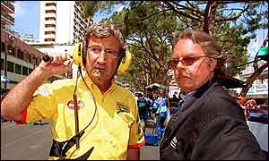 Keke Rosberg (right) talks to team boss Eddie Jordan at the Monaco Grand Prix