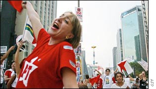 Supporters of Luiz Inacio Lula da Silva celebrate in Sao Paulo