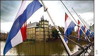 Flags at half mast near the Dutch parliament building