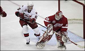 Dominik Hasek in action for Detroit against Carolina