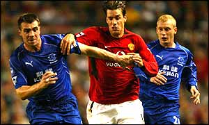Ruud van Nistelrooy runs at the Everton defence