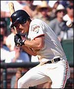 Jeff Kent gets hit by a pitch playing for the San Francisco Giants