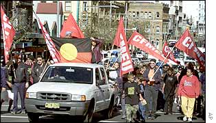 Hundreds of Australian Aboriginals march in Sydney, Australia, 12 July 2002 to celebrate National Aboriginal Day 